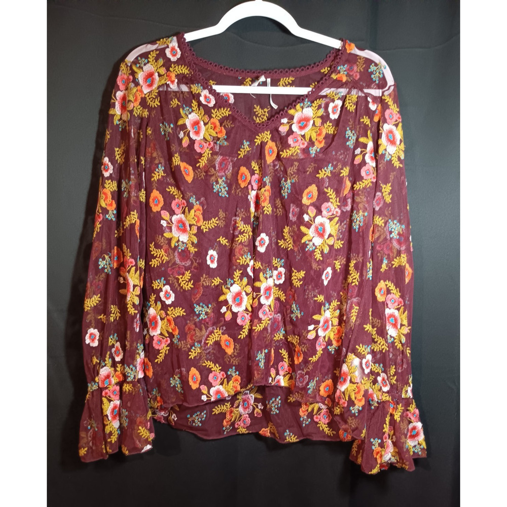Feather Bone Anthropologie Women’s Medium Sheer Embroidered Floral Blouse Top